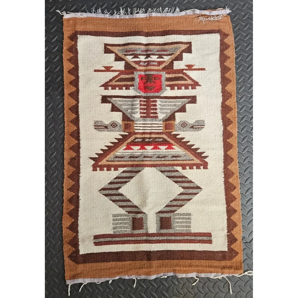 Vintage Andean Handwoven Wool Rug Inca Deity Wall Hanging Terracotta Brown